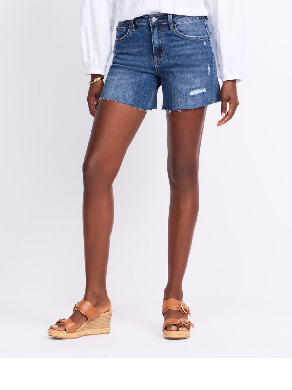 High-Rise Dark Blue Frayed Hem Denim Shorts